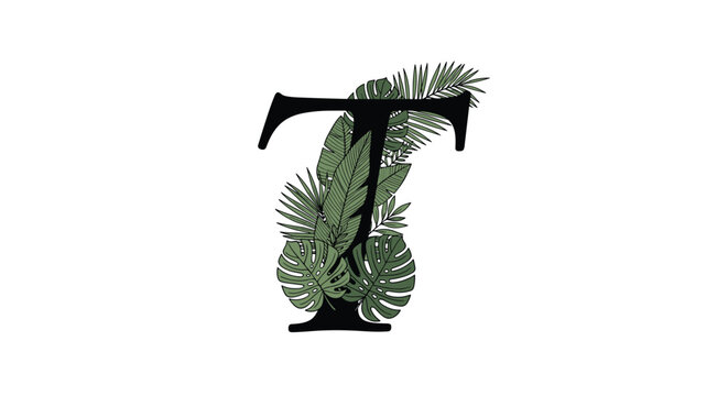 Large black serif letter T decorated with various green tropical leaves and palm fronds against a plain white background.