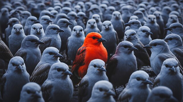 Single red bird standing among gray birds with leadership concept