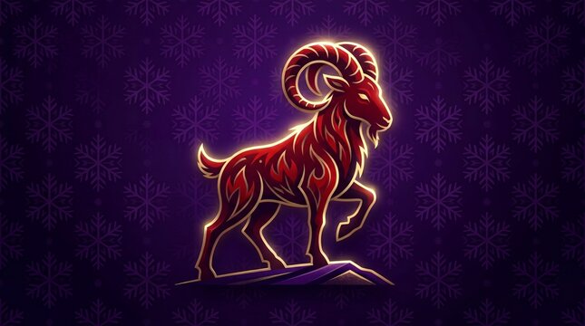 Fiery red ram standing on rocky peak with glowing horns. Symbol of the year of the fire goat in chinese zodiac. New year illustration for lunar festival celebrations and astrology themes