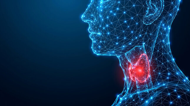 Abstract digital illustration of thyroid gland inflammation in human neck profile with blue wireframe mesh