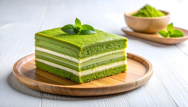 Gourmet matcha green tea layer cake with cream frosting and mint leaf on wooden plate
