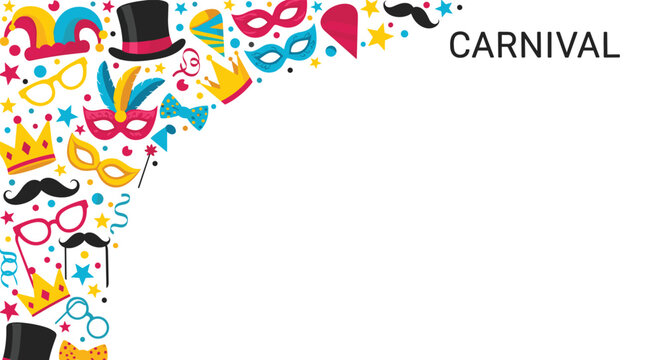 Festive carnival border featuring colorful masks, hats, crowns, stars, and musical notes on a white background.