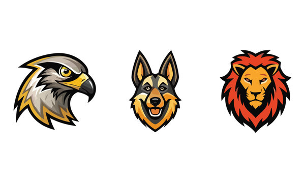 Set of animal head mascots including eagle, dog, and lion