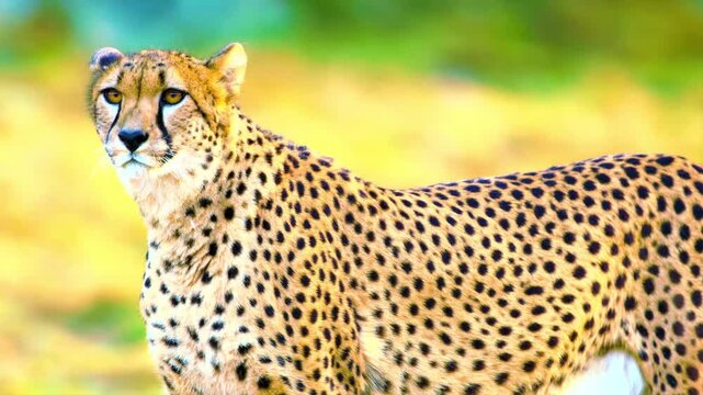 Close up of a wild cheetah showing spotted fur pattern in savanna