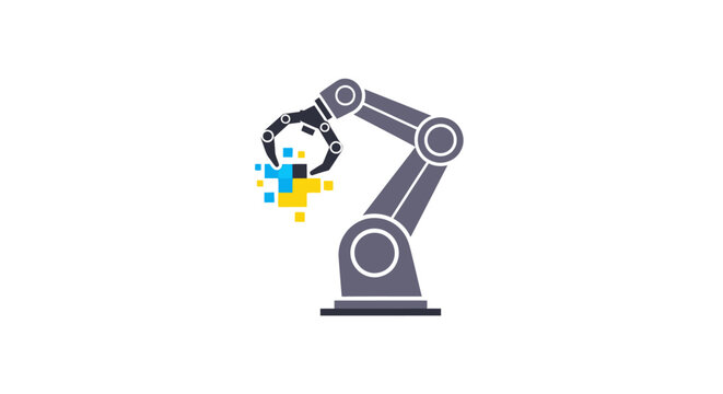 Industrial robotic arm with colorful sparks.