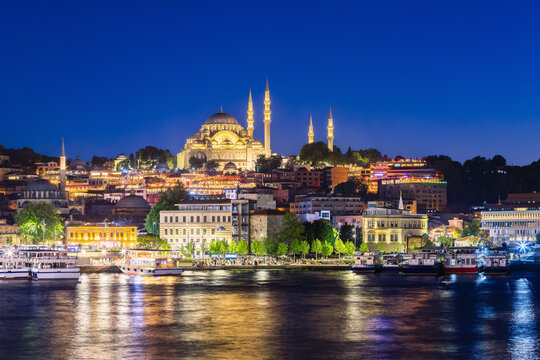 Istanbul, Turkey. View on Golden horn bay at night.