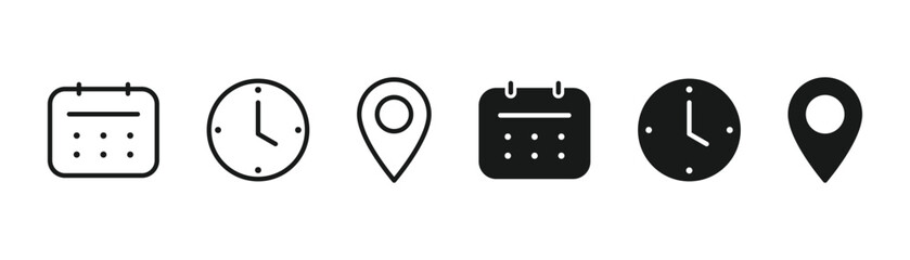 Fototapeta na wymiar Time, date, and address icon. Clock, calendar, and location elements. Useful date and address details for navigation symbol.