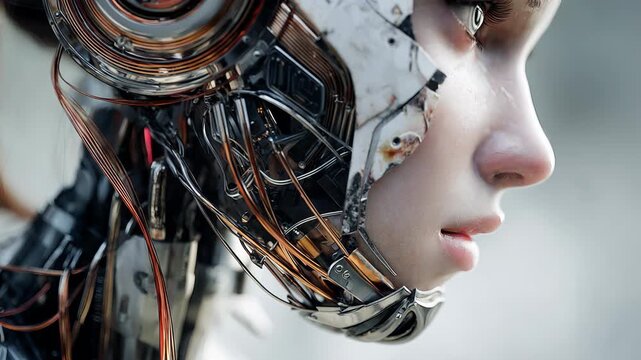Female robot face, close up futuristic android portrait, artificial intelligence concept, clean studio background
