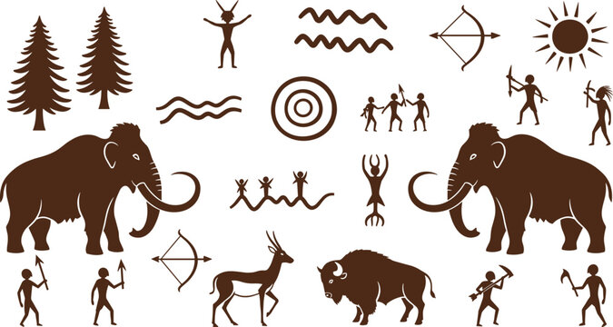 Prehistoric Cave Painting Illustration Set with Mammoth, Hunters, Deer, Bison, Tribal Symbols, Trees, Sun, and Ancient Rock Art Elements for History and Archaeology Designs.