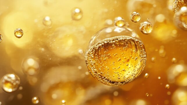 Golden effervescent bubbles and spheres ascend through a sparkling vibrant liquid with soft bokeh background macro shot abstract beverage refreshment concept