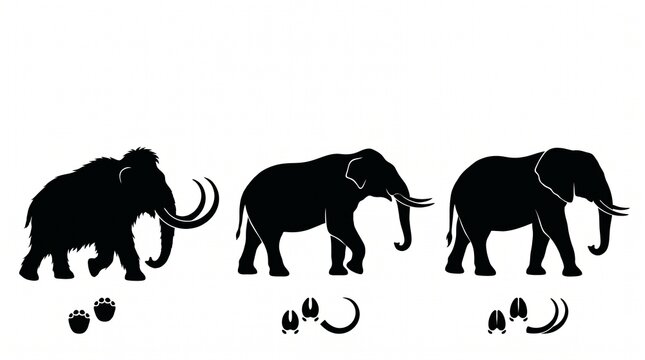 Silhouettes of mammoth and elephants with tusks and footprints, emphasizing evolutionary differences, anatomy, and symbolic heritage in graphic design.