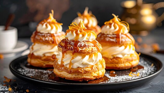 Delicious French choux pastry profiteroles with whipped cream and golden caramel sauce on a black plate