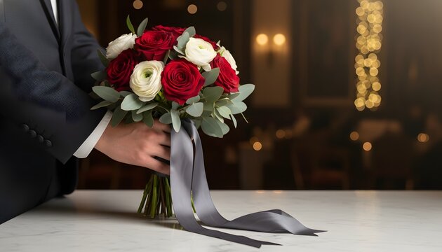 Close up of a prom date presenting flowers at an elegant Graduation Balls ceremony, capturing a romantic gesture and formal celebration concept with bokeh