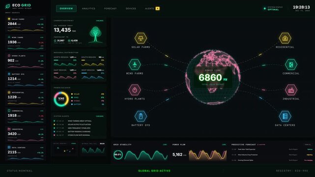 Smart energy network system displaying smart grid energy management and renewable power distribution