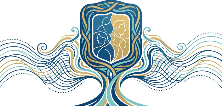Emblem featuring human profiles symbolizes unity within a grand design.