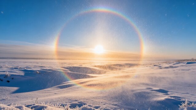 Snowy landscape with sun halo