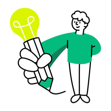Flat icon of a creator holding a bright idea bulb.