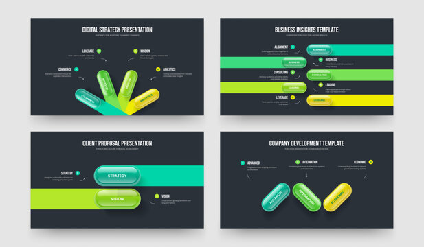 Investor Introduction 4 5 2 3 Element Diagram Slide Design Set. Modern Development Four Five Two Three Step Infographic Slideshow Layout Vector Illustration Bundle.