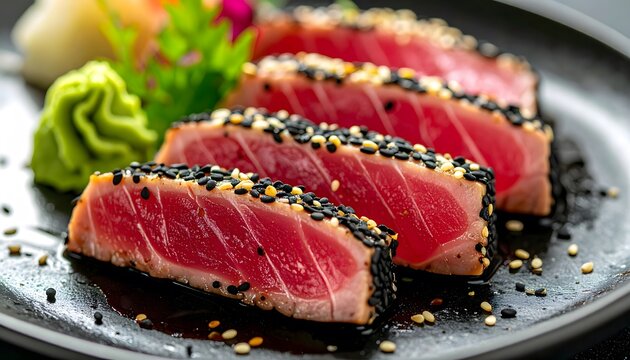 Slices of sesame crusted seared tuna tataki served with wasabi and pickled ginger on a black plate