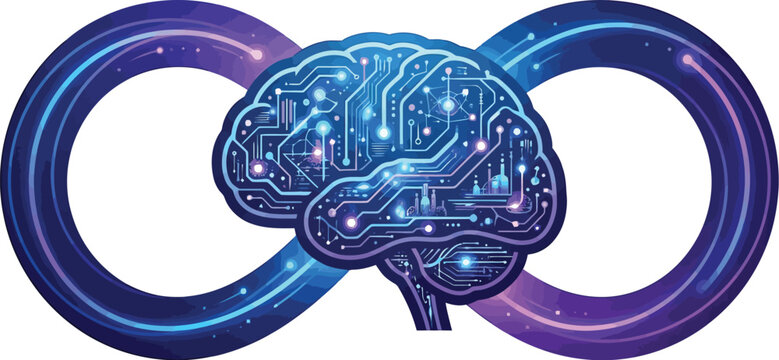 Brain glows with digital pathways inside an infinity loop of light circuits.