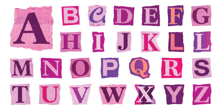 Alphabet set of letters made from colorful paper magazine cutouts in pink and purple shades for creative design projects