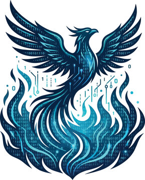 Phoenix bird rises from glowing digital flames of binary computer code.