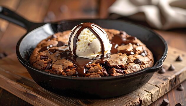 Warm chocolate chip skillet cookie topped with vanilla ice cream and chocolate syrup in a cast iron pan