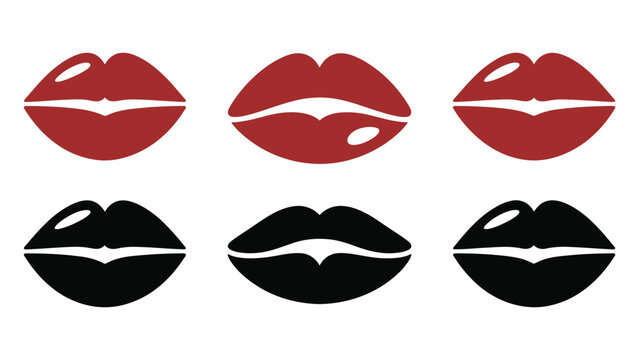 Set of stylized red and black lip shapes isolated transparent background vector illustration