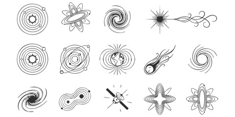 Set of hand drawn space and astronomy icons featuring planets orbits galaxies stars and a satellite in sketch style © ZenVectors