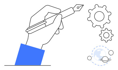 Innovation, creativity, design thinking, technology, brainstorming, problem-solving. Hand holding pen with gears and planetary symbols. Innovation and creativity concept © robu_s