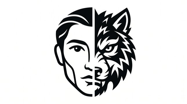 Stylized Human Face Merging into Fierce Wolf Head Graphic Illustration