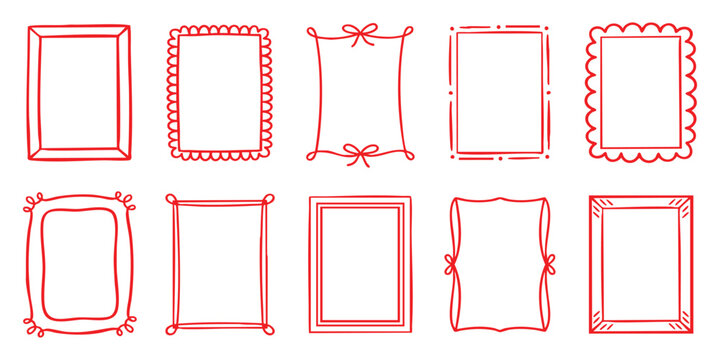 Set of ten hand drawn red doodle frames and rectangular borders for photo decoration and creative design projects