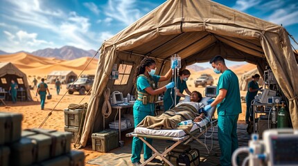 African American woman nurse administering IV drip to Black injured man on stretcher in desert field hospital tent. Humanitarian aid and medical volunteering concept for crisis relief