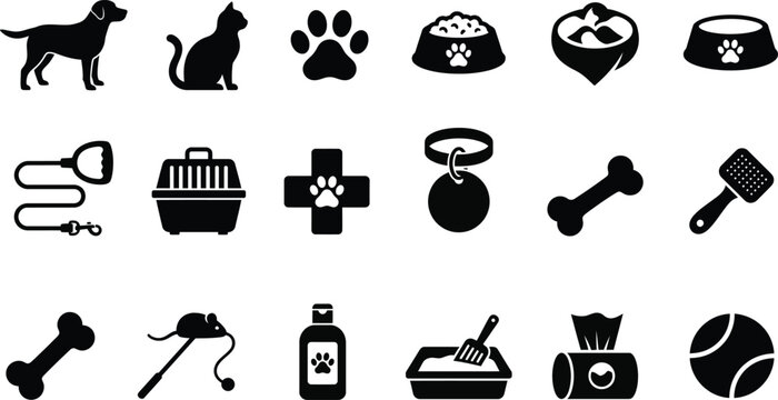 Black and white pet icons set including dog cat food bowl bone and grooming tools isolated on white background, Vector