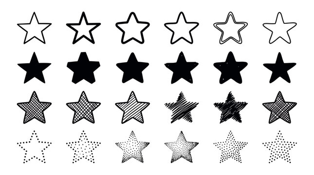 Collection of hand drawn black star icons in various styles like sketch, solid, hatched and dotted on white background, symbolizing rating feedback systems and representing creative design