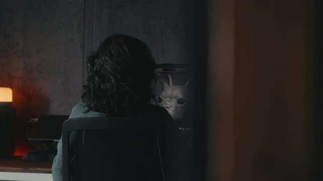 Dolly shot from wall showing back view of middle-aged female artist sculpting 3D French Bulldog on tablet. Cozy evening atmosphere, home studio, 3D modeling process, wooden desk, desk lamps.