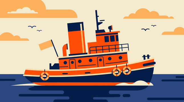 Vintage orange and navy tugboat illustration sailing on calm ocean waters under a cloudy sky with seagulls, represents maritime logistics and provides nautical shipping industry marketing