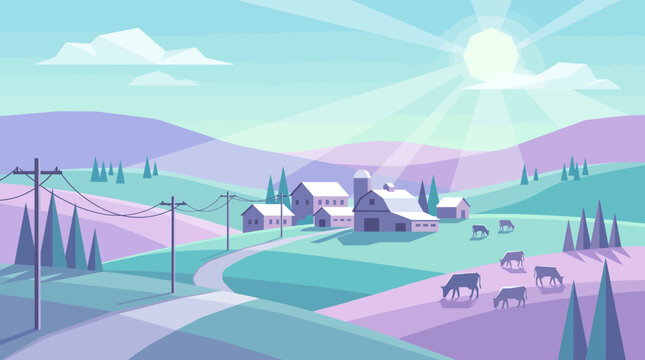Flat vector illustration of peaceful countryside farm with rolling hills, grazing cows, barns and utility poles under bright sun, Represents rural landscape design, symbolizing sustainability