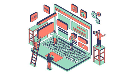 Obraz premium Isometric illustration of creative team building professional website layout on large laptop with coding icons, representing web development workflow and illustrating collaboration