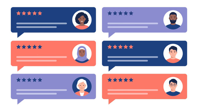 Diverse avatars in speech bubbles with five star ratings and profile placeholders for customer testimonials, represents positive user feedback and illustrating digital marketing social proof