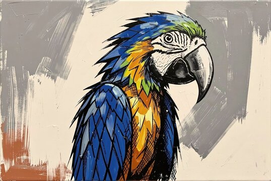 Vibrant Blue Macaw Parrot Portrait Artwork with Bold Brushstrokes and Abstract Background