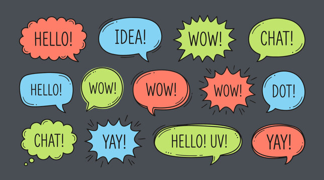 Set of colorful hand drawn speech bubbles and comic shout boxes with text on dark background, Expressing social media communication or digital marketing dialogue