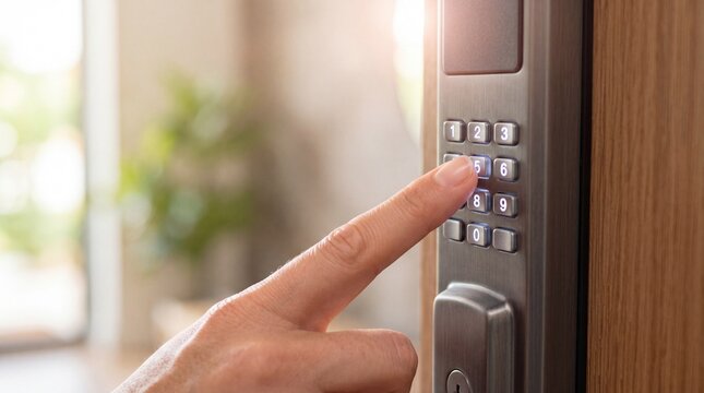Hand entering numeric code on electronic door lock keypad. Home security access and password protection concept. World Password Day digital safety awareness illustration