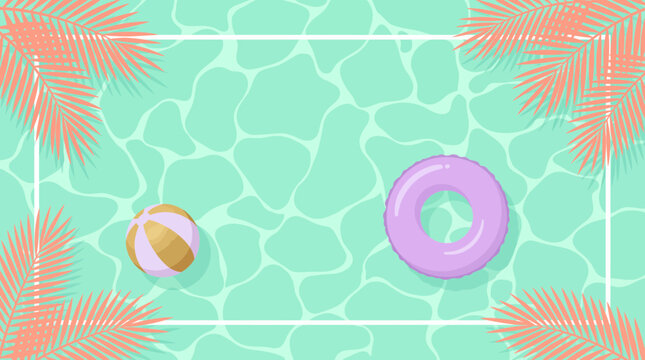 Top view of turquoise swimming pool water with pink palm leaves beach ball and purple inflatable ring inside a white frame, representing summer vacation and leisure travel promotion