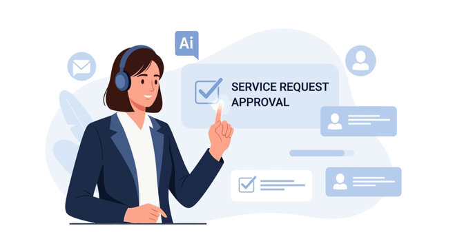 Customer service agent with headphones, AI, and service request approval chatbot.