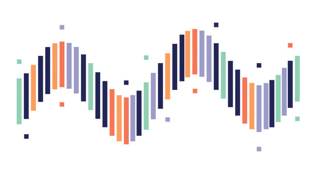 Abstract wave pattern of colorful vertical geometric bars and square elements on clean white background, illustrating modern data visualization and representing digital sound frequency analysis