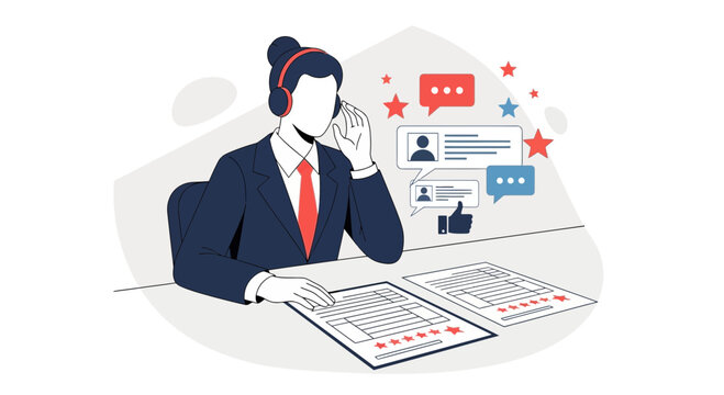 Customer Service Agent with Headset, Communication Bubbles, Stars and Ratings