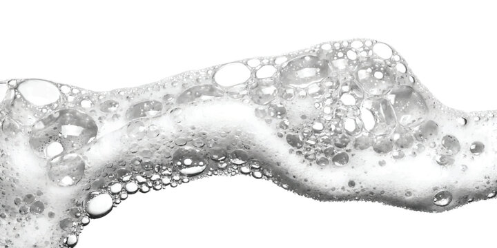 Abstract soap foam bubbles texture with liquid water splash and soft soap suds flowing in a smooth curved shape