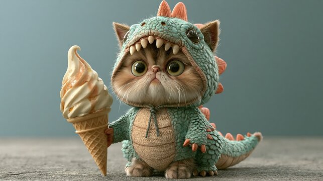 Small cat in dinosaur outfit enjoys ice cream.