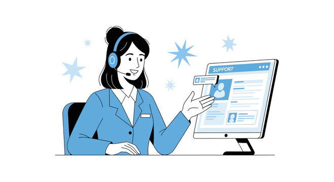 Customer service operator with headset and computer screen, support icon and chat bubble.
